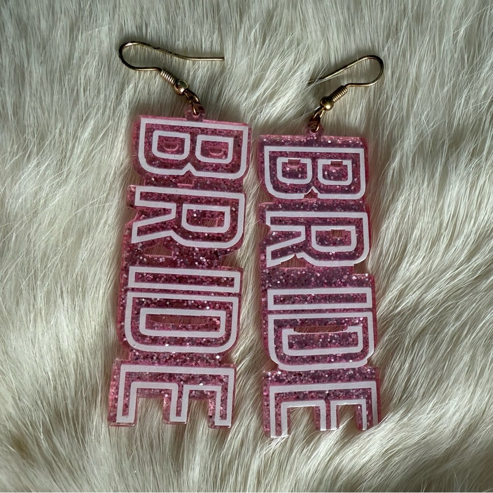 Bride Acrylic Pink Glitter Sparkle Drop Earrings